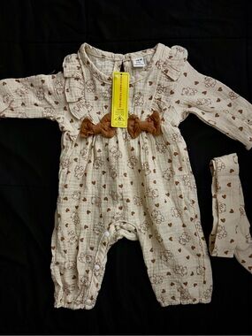 Cream One-Piece Footie with Brown Heart & Bear Print and Bow Detail